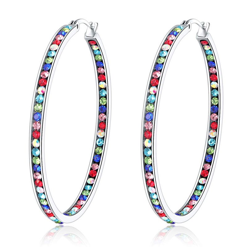 CiNily Ladies Earring Hoops Stainless Steel Hoop Earrings for Women Rainbow Hoops Mult-colors Cubic Zirconia Large Big Hoop Earrings 2" - Image 1